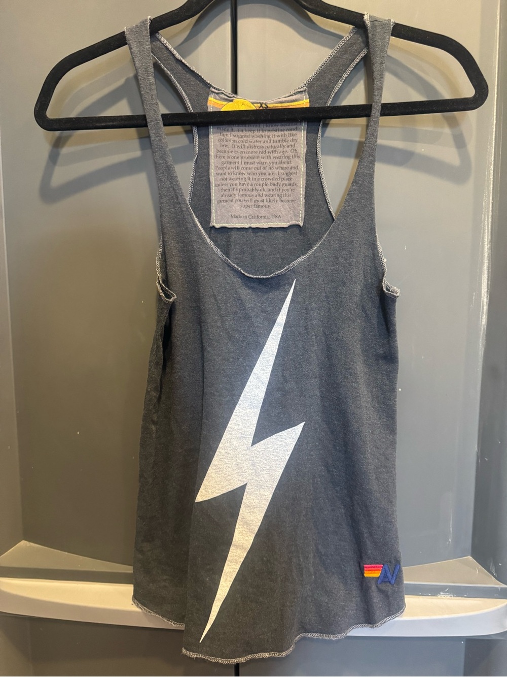 Aviator Nation Charcoal Tank with White Lightning and Rainbow Accent